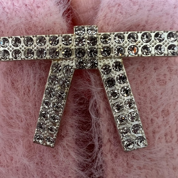 Bowknot Rhinestone Bow Knit Cardigan - Elegant Long Sleeve Crop Plush Sweater - Picture 7 of 11